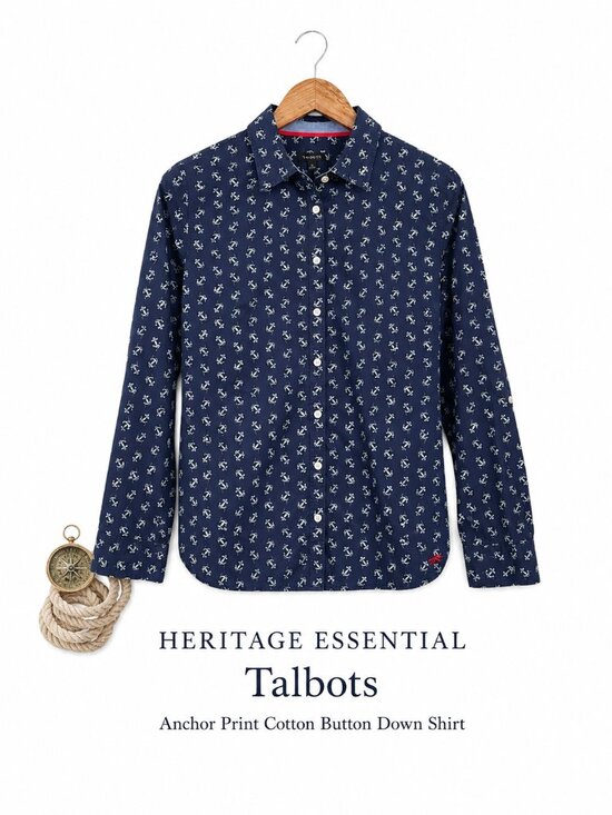 Talbots Tops - Talbots Anchor Print Navy Button Down Shirt Cotton Nautical Prep Size 12